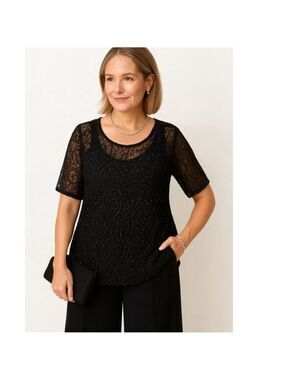 Vintage Dana Buchman Black Beaded Open Knit Top Sheer Sparkle Evening Wear L/XL